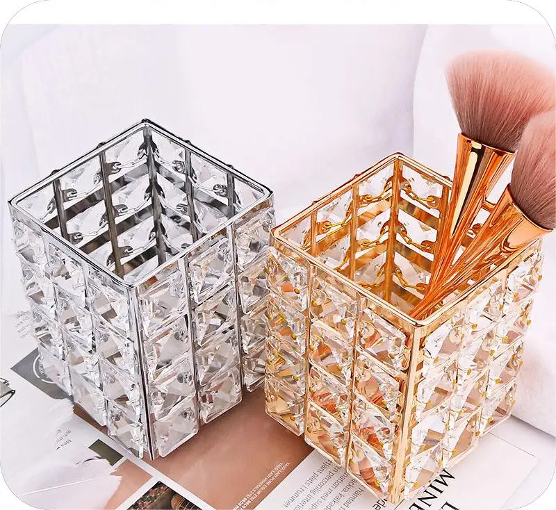 Crystal Glass Pen Holder Cosmetic Brushes Pen Organizer Makeup Brush Storage Bucket Eyebrow Pencil Holder Desk Organizer