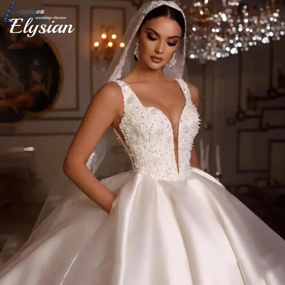 Customized Romantic Sweetheart Spaghetti Strap Ball Gown Pearls Lace Pleat Floor-Length Beading Satin Wedding Dress