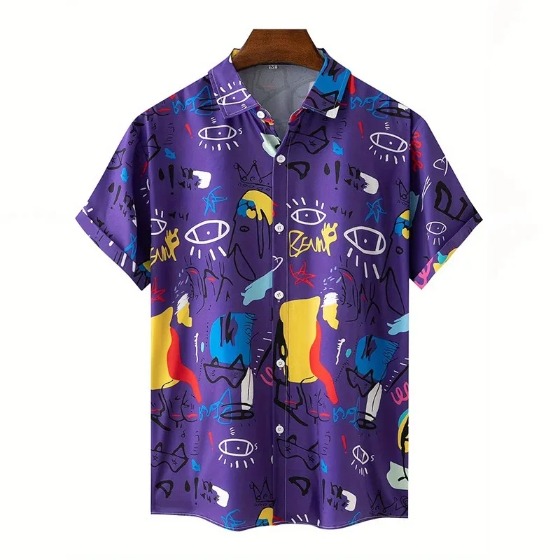 Hot Selling Men's Beach Vacation Style Black Background Graffiti Print Loose and Versatile Hawaiian Style Top