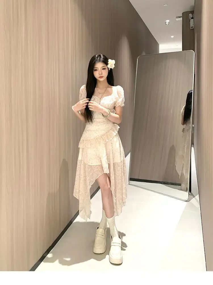 여성을위한 꽃 프린트 드레스 봄과 여름 디자인 학생 달콤한 새 스타일 허리 슬리밍 공주 드레스