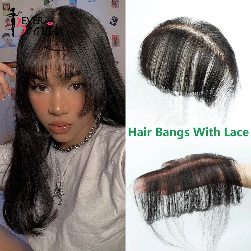 

Human Hair Bangs No Clips Bangs With HD Crystal Lace 3D Blunt Cut Natural Hair Bangs OverHead Hair Extensions Remy Hair Black