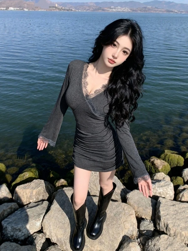 

Pure Desire Сексуальное облегающее платье с v-образным вырезом Dr Женская зимняя юбка в тон с пальто Высокая талия Кружева Длинная све Повседневная одежда