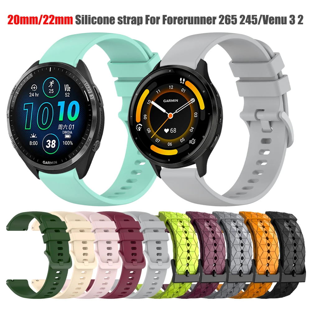 Silicone 20 22mm Strap for Garmin Venu 3 2 Plus Sq/Forerunner 265 255 245 645 Misic Band Vivoactive 5 4 Bracelet Adjustable Belt