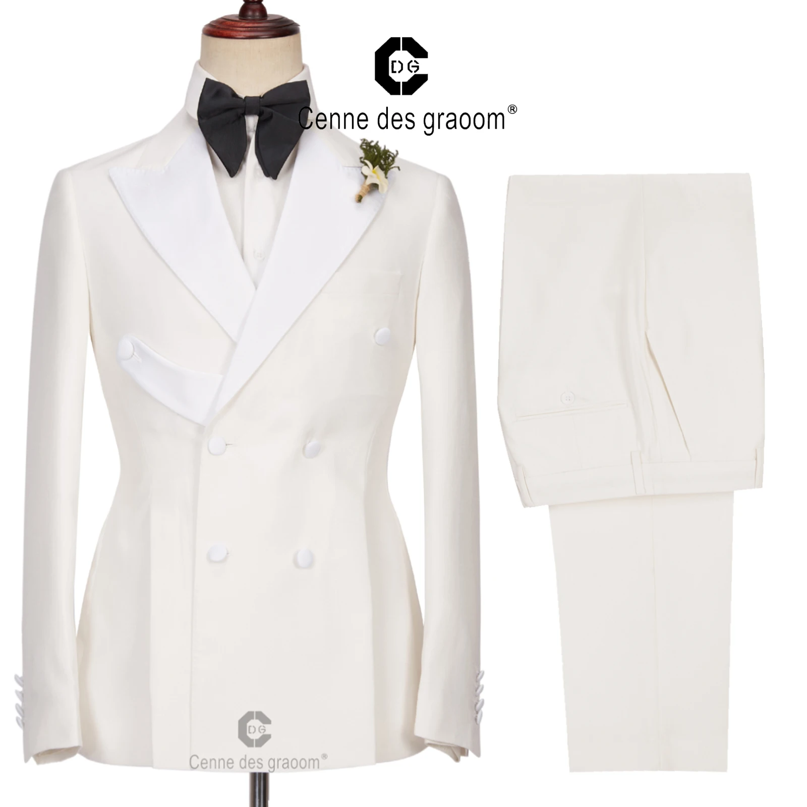 Cenne Des Graoom 2023 New White Tuxedo Suits For Men Double Breasted Blazers Pants 2 Pieces Wedding Groom Party Costume Homme