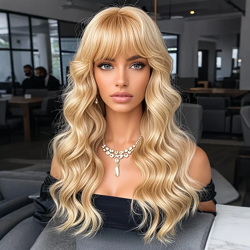 Ladies with bangs wig, wavy curls, blonde, 28 inches, festive style, synthetic hair, easy to wear,