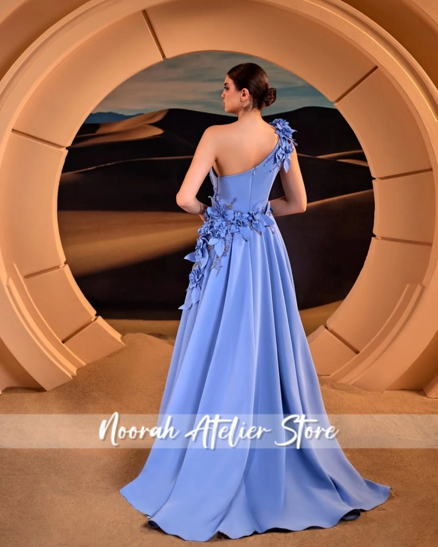 فساتين سهرة نسائية زرقاء أنيقة بكتف واحد ثلاثية الأبعاد بفتحة عارية الذراعين فساتين سهرة فاخرة للنساء 2025 ألين فستان حفلات دبي مخصص