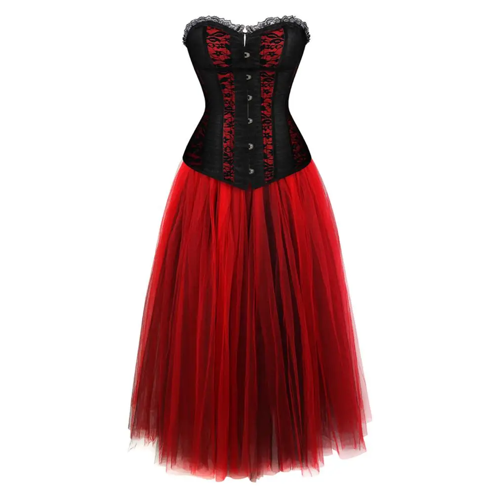 

Gothic Corset Skirt Steampunk Floral Overbust Boned Bustiers with Long Princess Mesh Tulle Party Dresses Korsage Evening Gowns