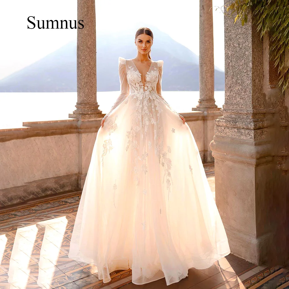 

Sexy Illusion Tulle Wedding Dresses Appliques Long Sleeve Deep V Neck Boho Bride Dress A Line Wedding Gowns Backless Sweep Train