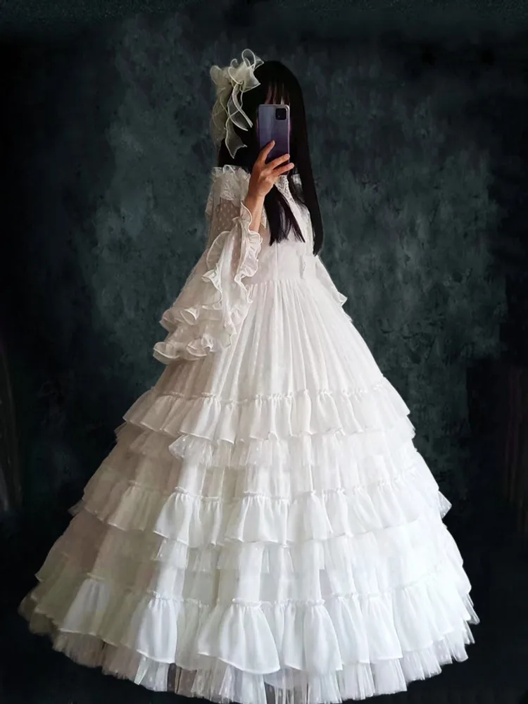 Spring and Autumn Lolita Dress Adult Gothic Style Sleeve Long Wedding White