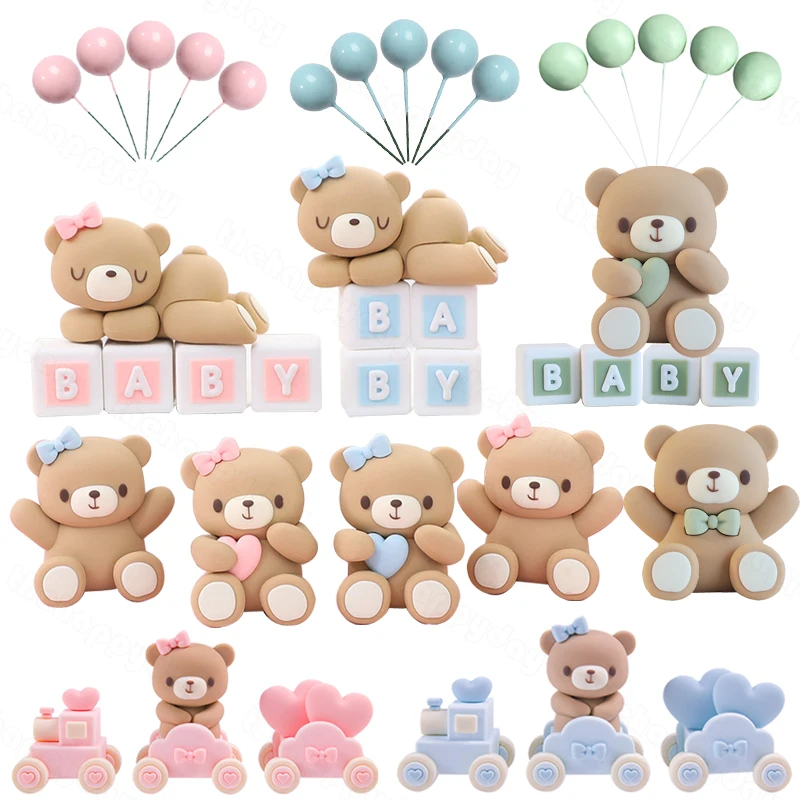 We can Bearly Wait Cake Toppers Pink Blue Bow Bear Cake Decorations Balls Boy Girl 1st Birthday Cupcake Cake Toppers Baby Shower