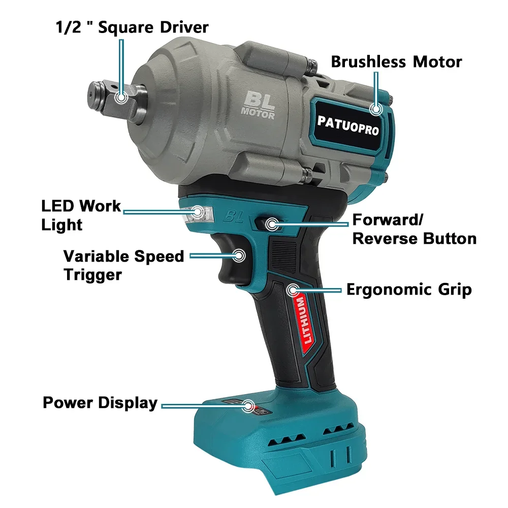 PATUOPRO 1800N.m Brushless Electric Impact Wrench 1/2 Inch Variable Speed Torque Wrench Repair Power Tool Fit Makita 18V Battery