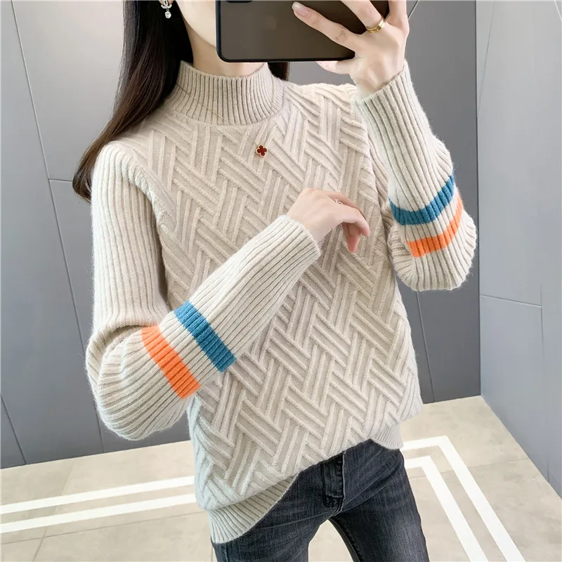 

Women's Knitting Autumn Winter Half-High Collar Jacquard Color Explosion Sweater