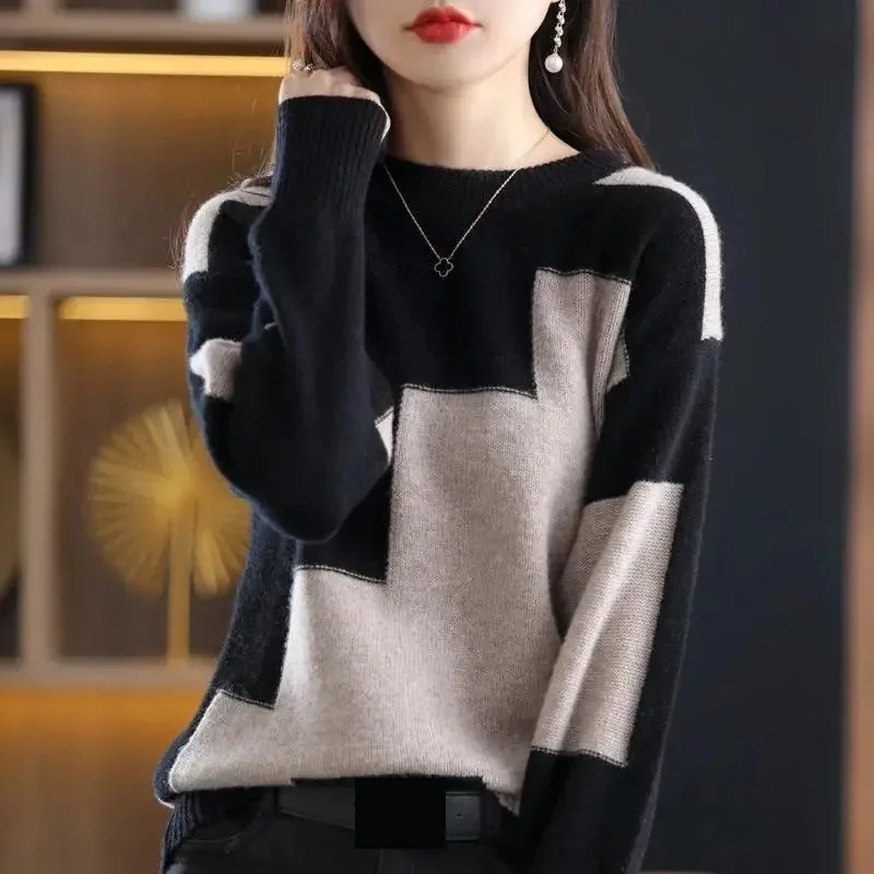 Fashion O-Neck Spliced Knitted Color Sweater Women Clothing 2023 Autumn New Loose Casual Pullovers All-match Korean Female Tops