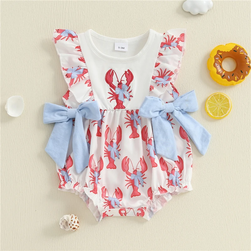 

Infant Baby Girls Print Rompers Sweet Baby Sleeveless Round Neck Lobster Print Embroidery Jumpsuit Summer Baby Clothing