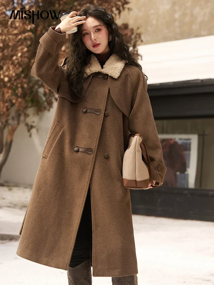 MISHOW Winter Thick Woolen Long Coat for Women 2023 Loose Warm Female Overcoats Lamb Fur Collar Coats Woman Clothing MXC55W0142