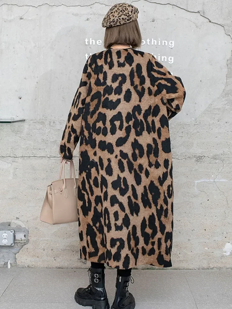 XITAO Leopard Women Blends Contrast Color Splicing Simplicity Temperament V-neck Fashion Autumn Winter 2024 New Coat HJF10107