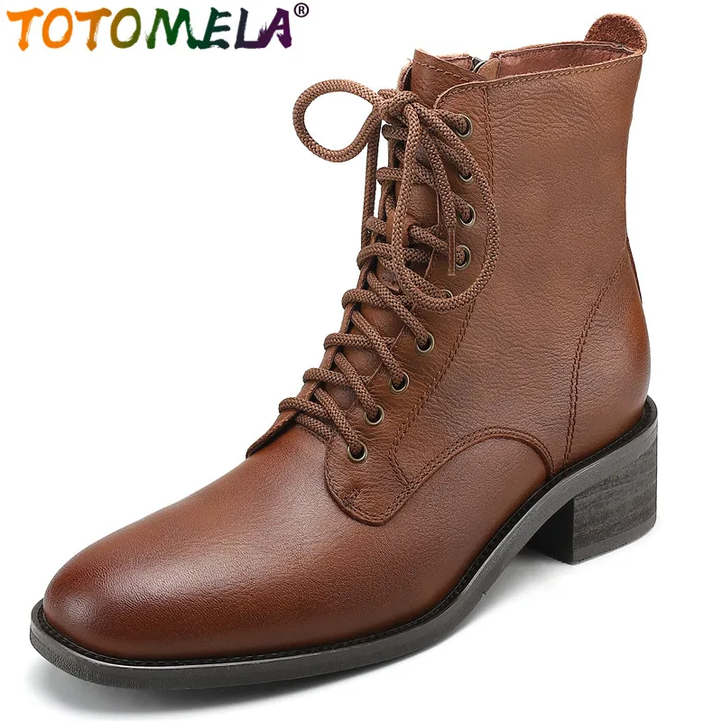 

TOTOMELA 2024 New Narrow Band Genuine Leather Zipper Boots Retro Female Spring Autumn Boots Square Med Heels Ankle Boots