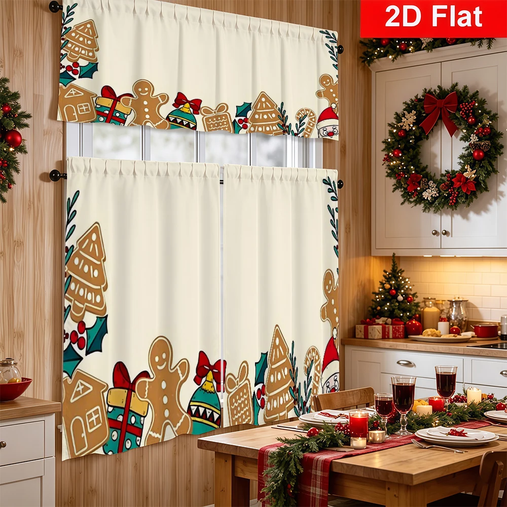 Christmas Kitchen Curtains, Ivory Gingerbread Tree Santa, Digital Print, Kitchen Dining Room, Rod Pocket Polyester, Home Decor