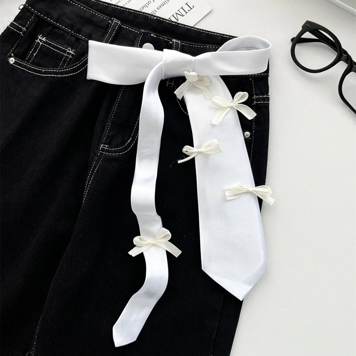 Lace Bow Ties Female Fashion Y2k Sweet Neck Scarf Neckties Long Waistband Belt for Women Girls Neck Tie Party Accessories Gifts