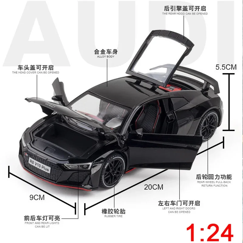 1:24 Audi R8 V10 Kids Toys Boys Diecast Alloy Model Car Miniature Metal Racing Supercar Vehicle Collect Gift for Children Hottoy