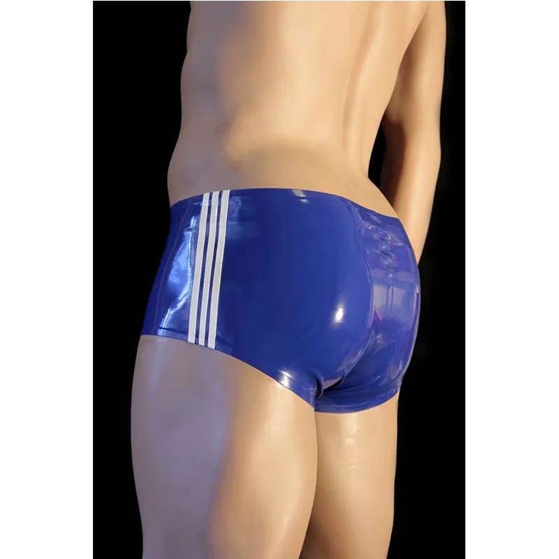 Latex Panties Rubber Underwear Fetish Shorts Underpants Blue with 3 White Strips