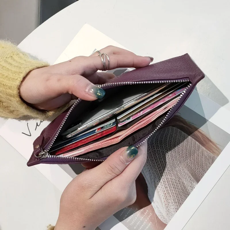 Genuine Leather Women's Wallet Zipper Long Large Capacity Phone Card Money Clip Coin Purse Solid Color Litchi Pattern Clutch Bag