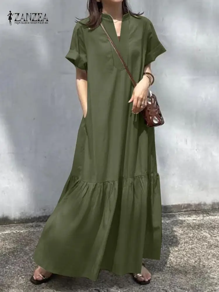 Summer Holiday Long Dress Women Elegant Maxi Sundress Causal V Neck Short Sleeved Vestidos ZANZEA Solid Oversized Robe Femme