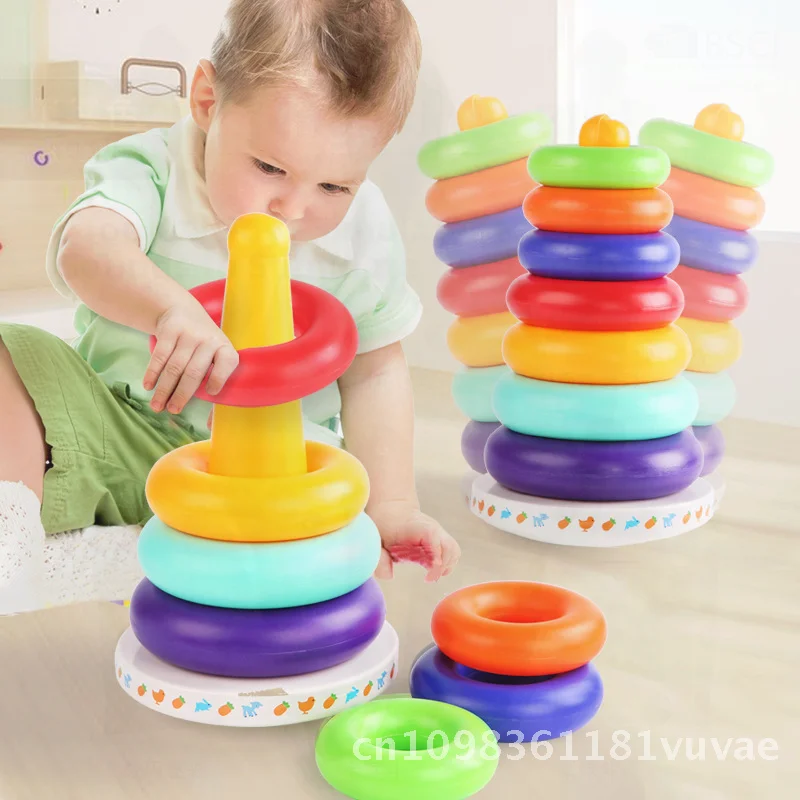 어린이용 무지개 타워 음악 텀블러 쌓기 장난감, 0-3세 유아 발달을 위한 다채로운 링 쌓기