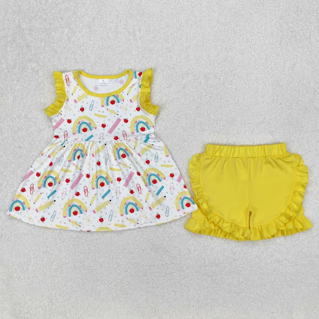 

Wholesale Children Back to School Outfit Baby Girl Short Sleeves Rainbow Pencils Tunic Clothing Ruffle Shorts Toddler Kids Set