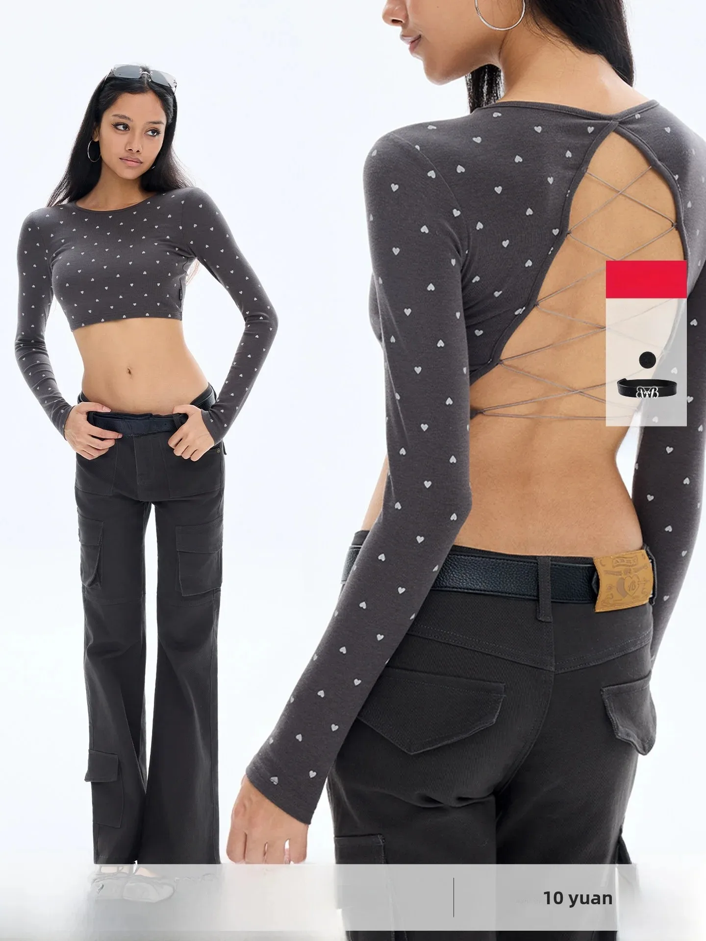 ABMY Spicy Girl Heart And Polka Dot Print Backless Long Sleeve T-Shirt Women's Slim Fit Short Base Shirt with Chest Pad