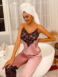 Eyelash Lace Panel Satin Pajamas Set Heart Shape Camisole with Pants Soft Sleepwear Suit Sexy Leisure Wear