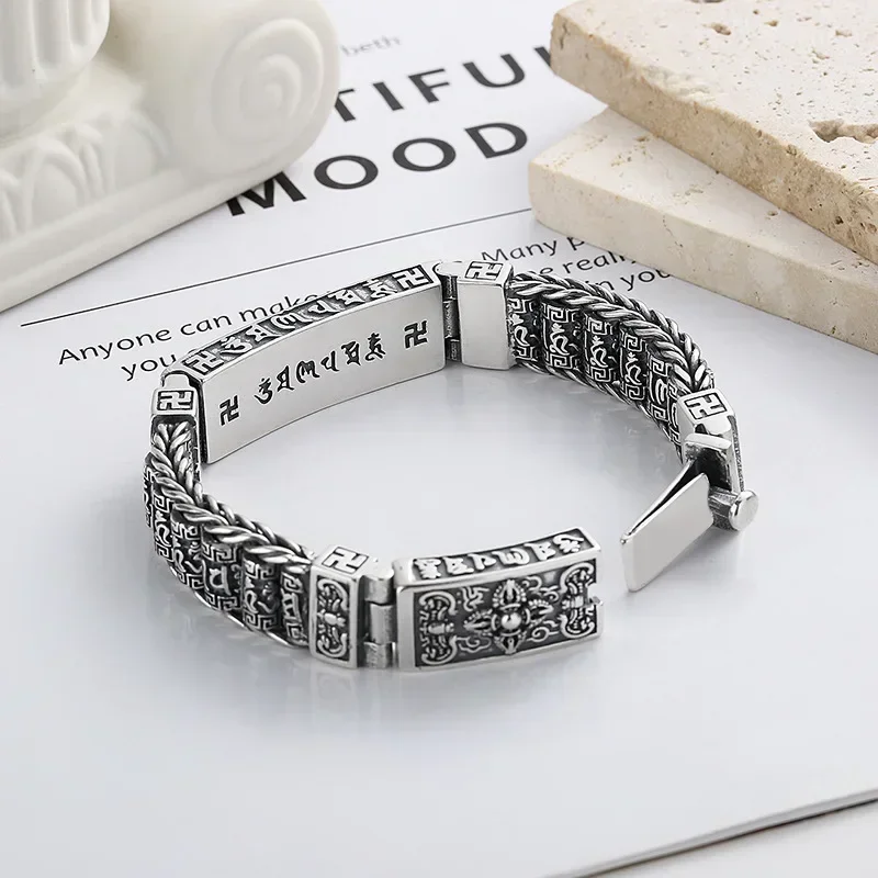 DF New Silver Color Vintage Six Character True Word Turning Sutra Wheel Road Road Pass Handwoven Bracelet Fashion Jewelry