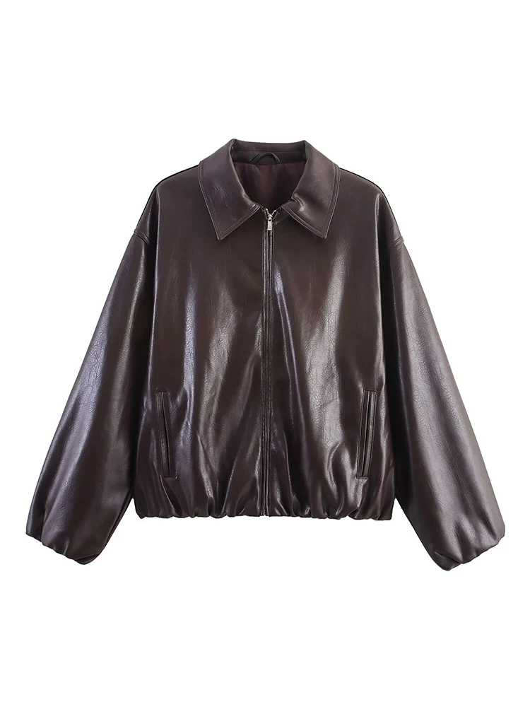 TFMLN Chaqueta Bomber de piel sintética para mujer, manga larga, estilo elegante y sencillo, prendas de vestir exteriores a la moda, dobladillo elástico, chaqueta de ocio para mujer