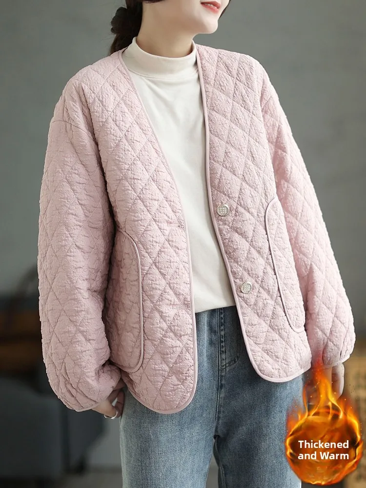 

Художественная легкая хлопковая куртка Jaet V-Ne вниз, альтернативное тепло, ромбовидный узор, женская модная одежда для поездок на работу, на пуговицах