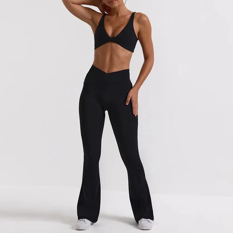 Fato de fitness feminino de duas peças, Yoga Bell Bottoms, sutiã de perna larga, quadril de cintura alta, novo