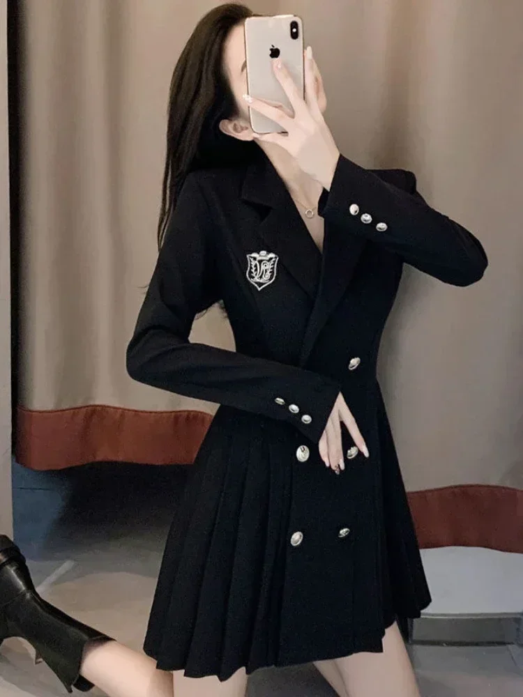 Office Solid Color Preppy Style Chic Button Casual Female Dresses Autumn New Black Double Breasted Loose Fashion Women\'s Dress