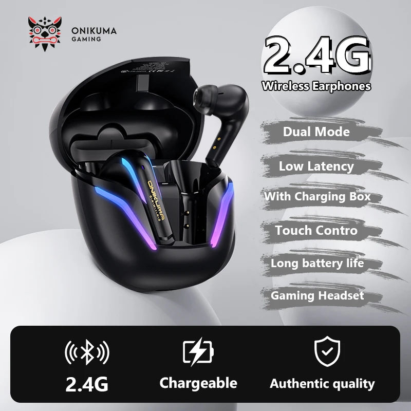 

ONIKUMA T27 2.4G Wireless Earphones Dual Mode Earbuds Low Latency Gaming Headset With Charging Box Touch Control RGB Mic Headset