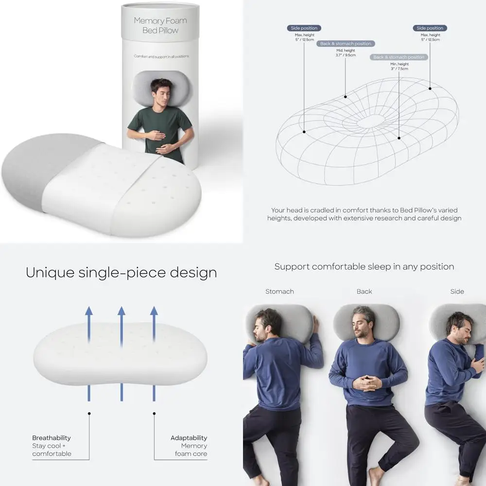 

Memory Foam Cooling Pillow for Side, Back, and Stomach Sleepers - Premium Flat Pillow for Comfortable Sleep