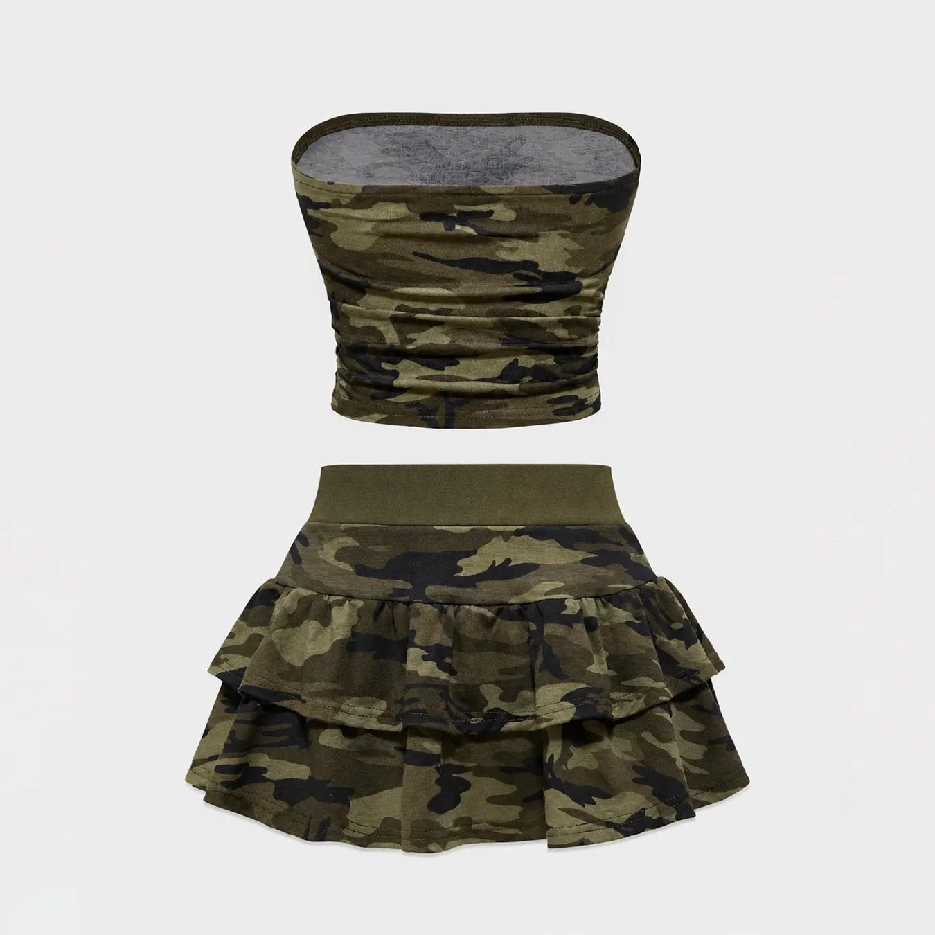 Summer Short Strapless Top Design with Sleeveless Vest, American Style Rhinestone Camouflage Printed Skirt