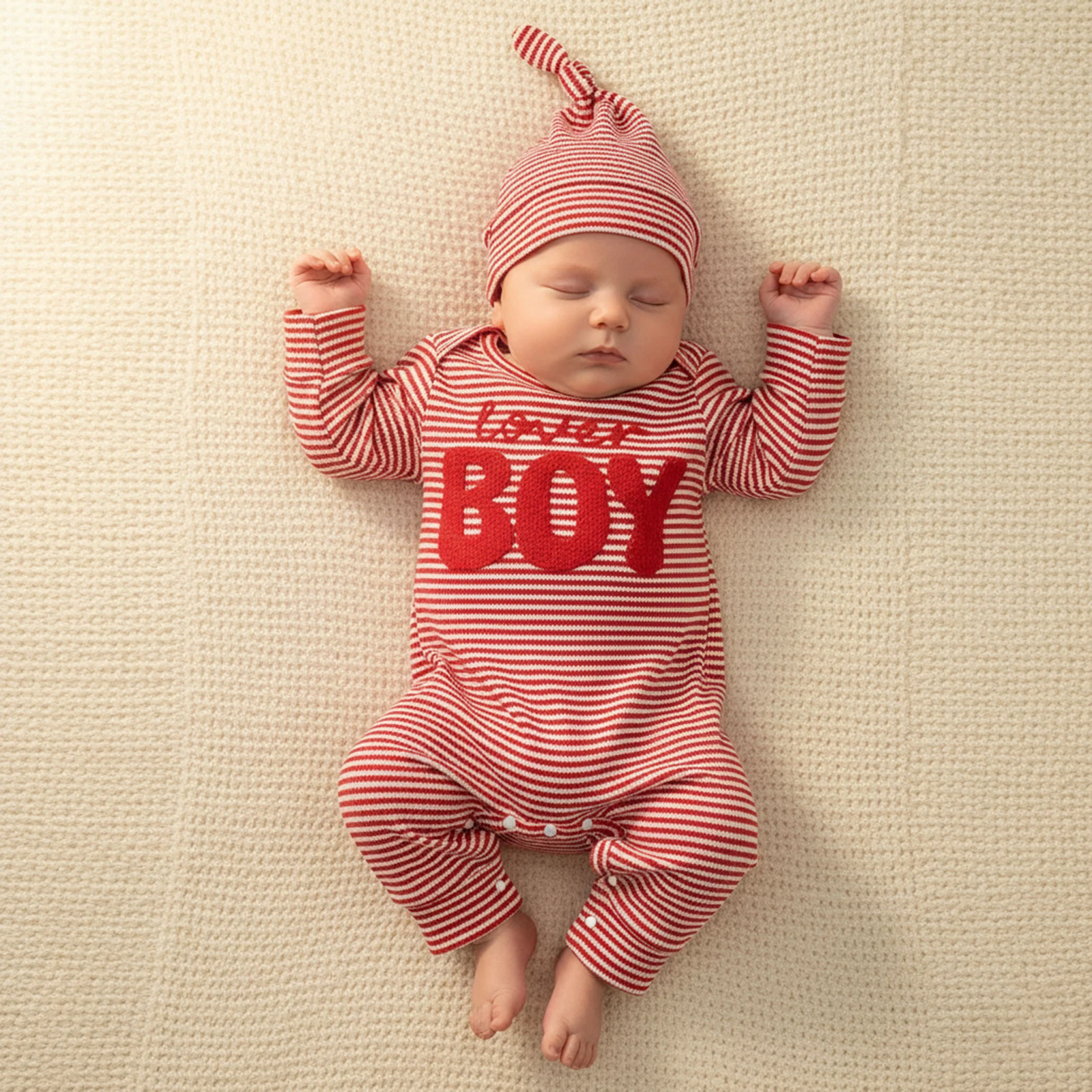 Baby Boy Valentine's Day Romper Stripe Letter Embroidery Long Sleeve Round Neck Full Length Jumpsuit with Hat