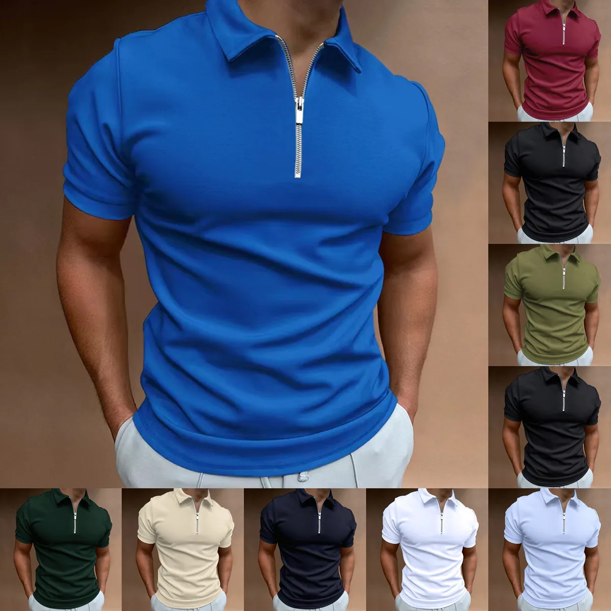 Men's 3D Printed Zipper Short Sleeved Solid Color Men's Short Sleeved Business Polo Shirt Printed Collar Polos For Men