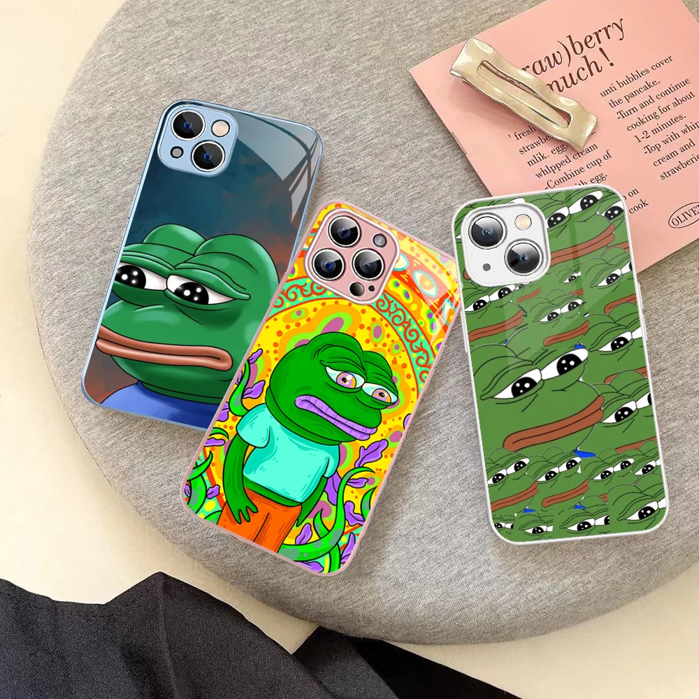 Funny F-Frog Sad P-Pepe Phone Case Tempered Glass For Iphone 14 13 12 11 Pro Mini XS MAX 14Plus X XS XR Fundas