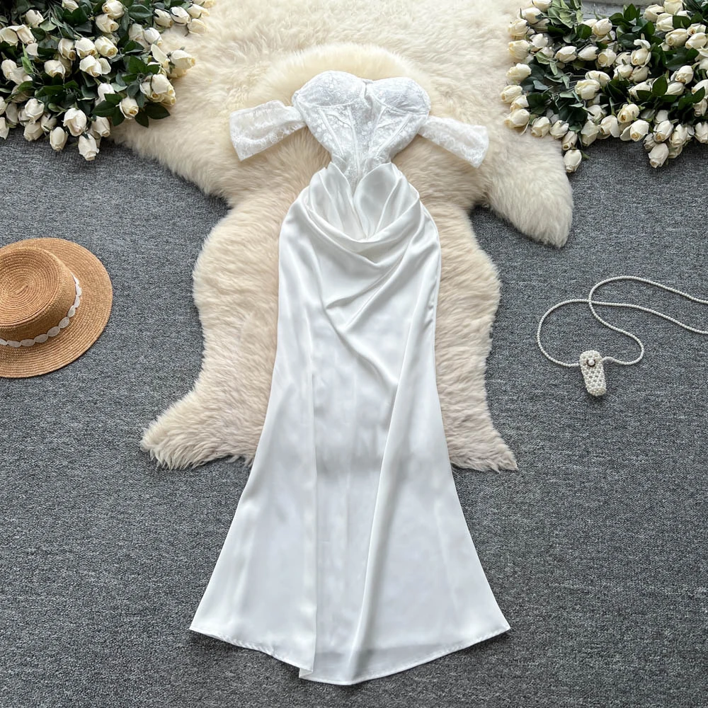 シックなヴィンテージノースリーブ刺繍サテンペンシルドレスエレガントな妖精韓国ファッション女性服