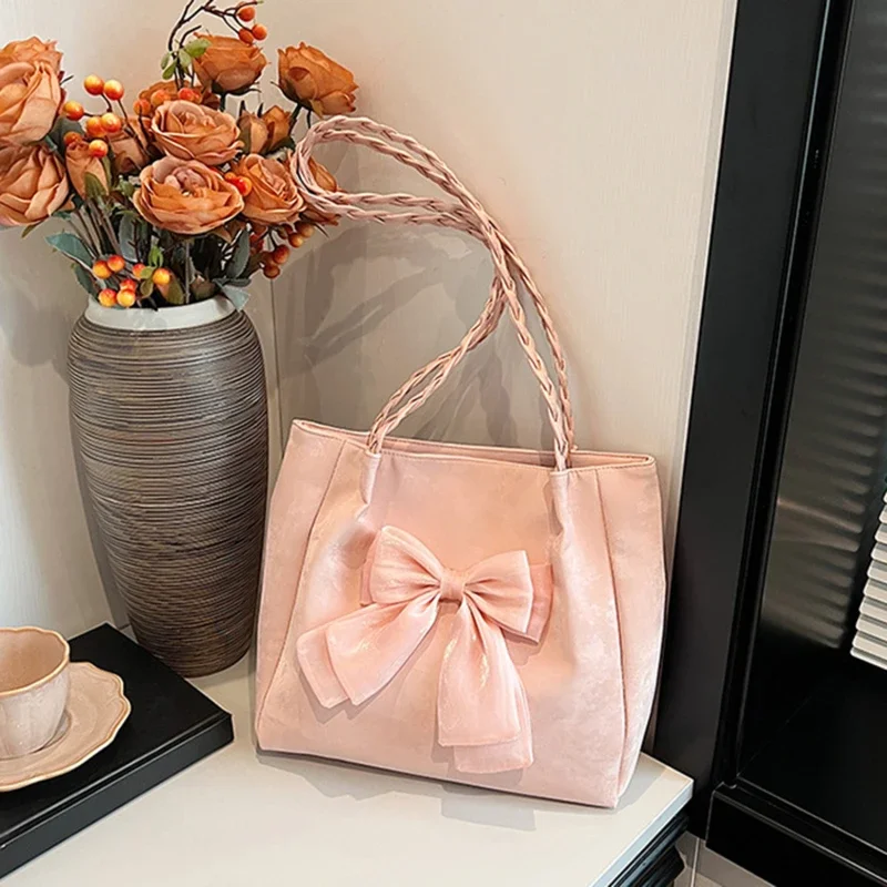 Fashion Girls Bowknot Shoulder Bag Solid Color Ballet Style Tote bag Braid Strap Underarm Bags сумочка через плечо handbags sacs
