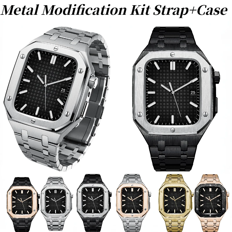 

Metal Modification Kit Strap+Case For Apple Watch Stainless steel High End Retrofit Bracelet Band iWatch Series 45mm 44mm Belt