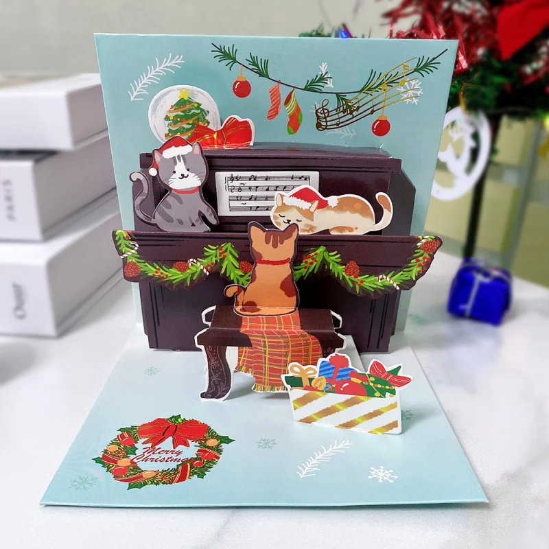 New Christmas Stereoscopic Greeting Cards Cross-Border Cat Piano Festival3DMessage Card for Girls Handwriting Blessing Card