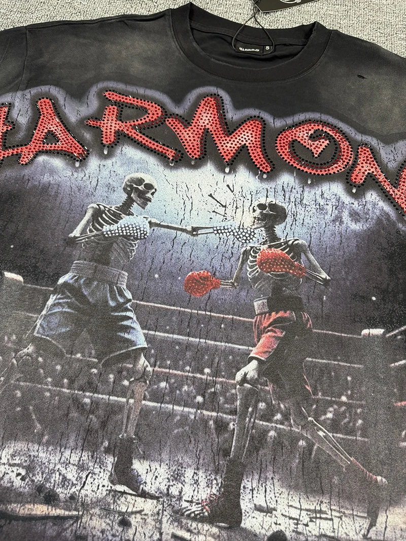 New HARMONY Shinning Diamond Men's T-shirt Skeleton Graphic Washed Distressed Oversized Short Sleeve High Quality Top Tee