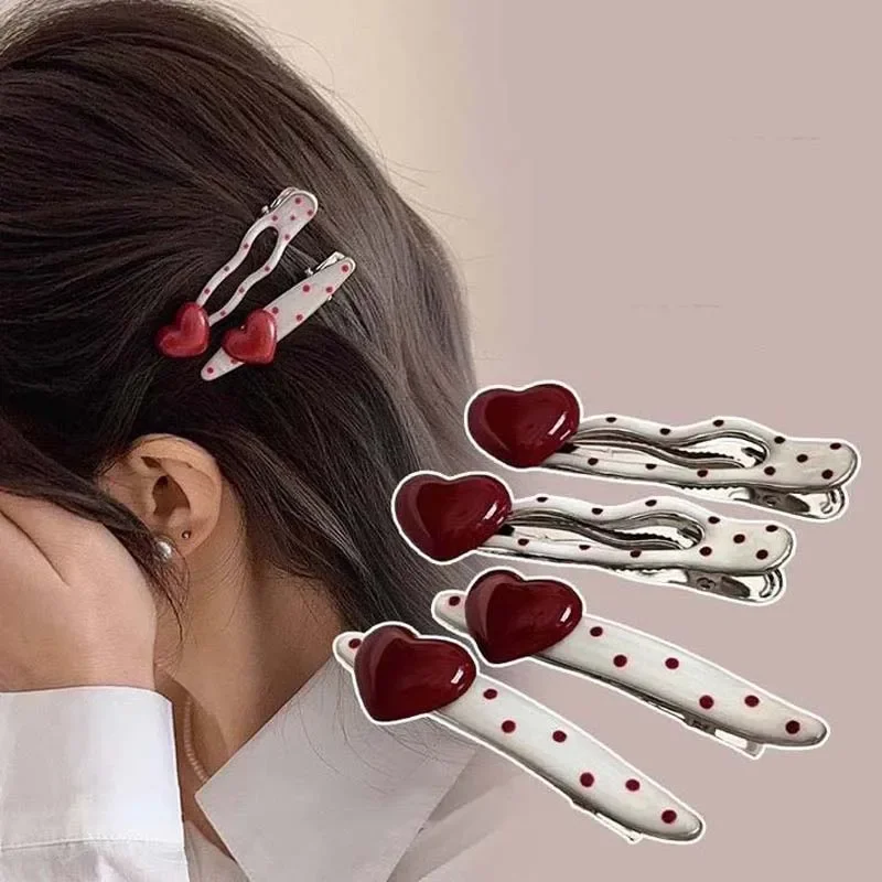New Korean Sweet Cute Red Heart Hair Clip for Women Girls Versatile Polka Dot Bangs Side Clip Fashion Hair Accessories Gifts