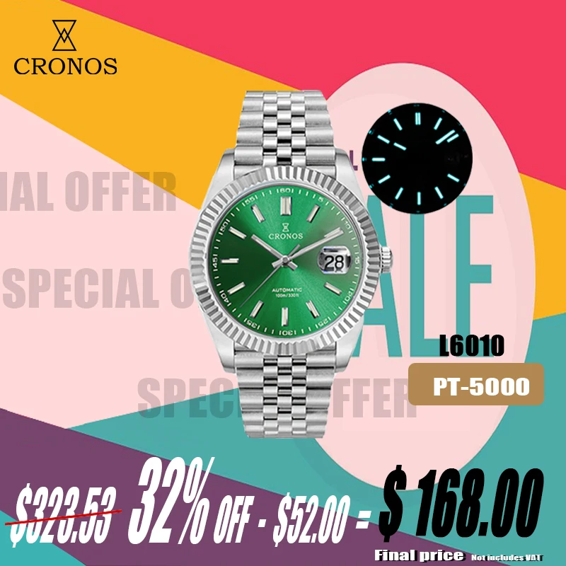 Cronos Date Orologio elegante di lusso da uomo Bracciale in acciaio inossidabile con 5 maglie Lunetta in rame-nichel platino PVD impermeabile 100 m