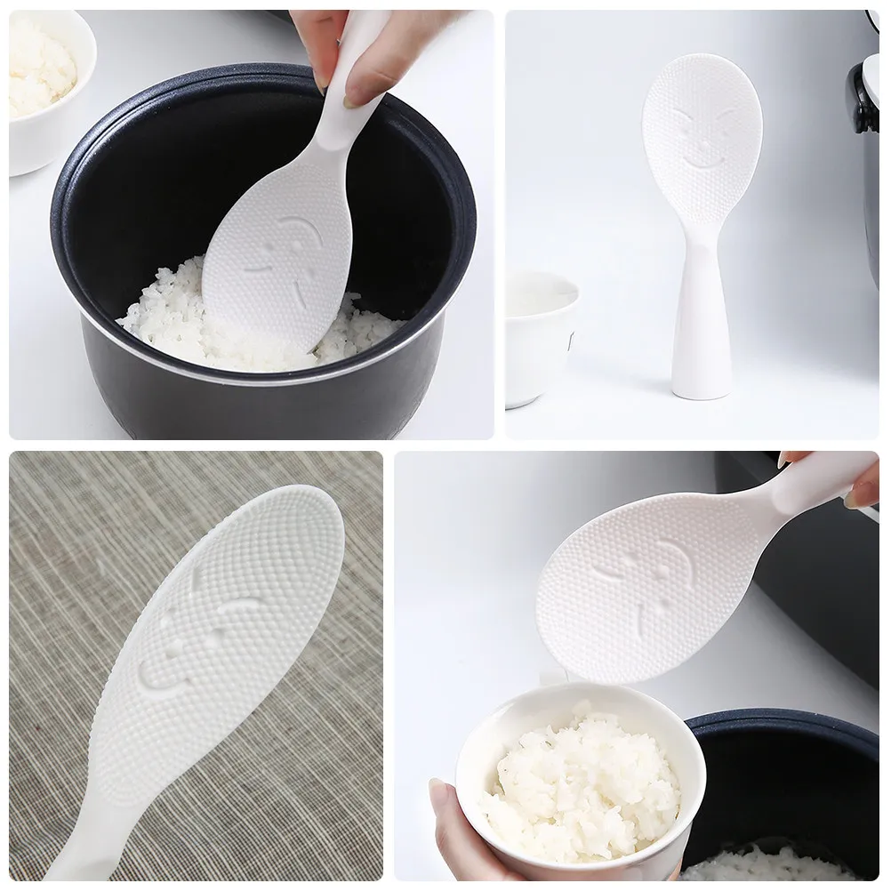 2Pcs Non-Stick Rice Spoon Plastic Vertical Design Paddle Lightweight Standing Rice Paddle Smiling Face Pattern Meal Spoon